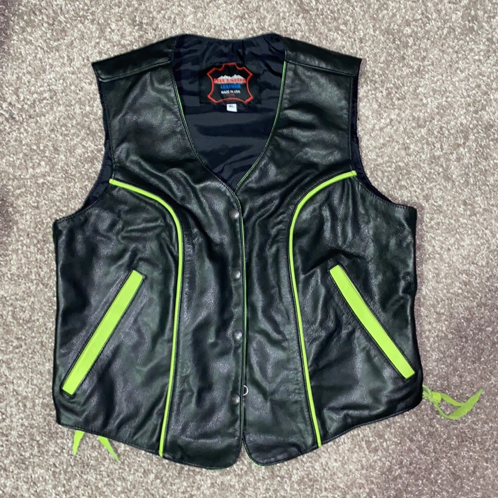 HILLSIDE Black & Green Leather Biker Vest